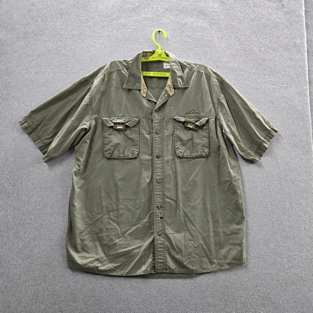 Eddie Bauer Men Button Up Shirt XL Green Ripstop Utility Safari Outdoor READ